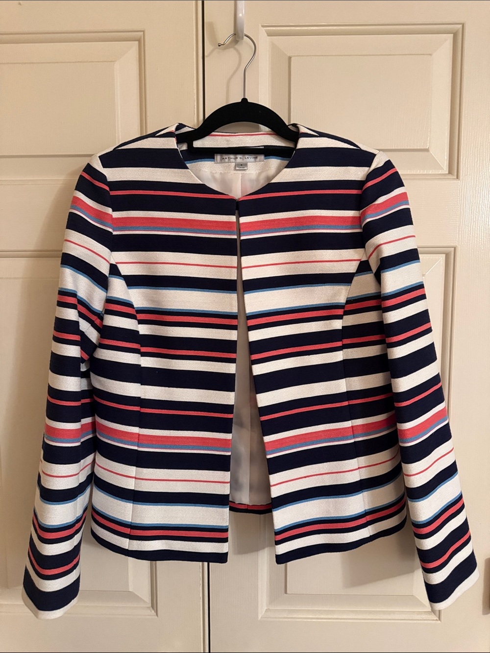 Striped Collarless Blazer in Navy, White & Pink